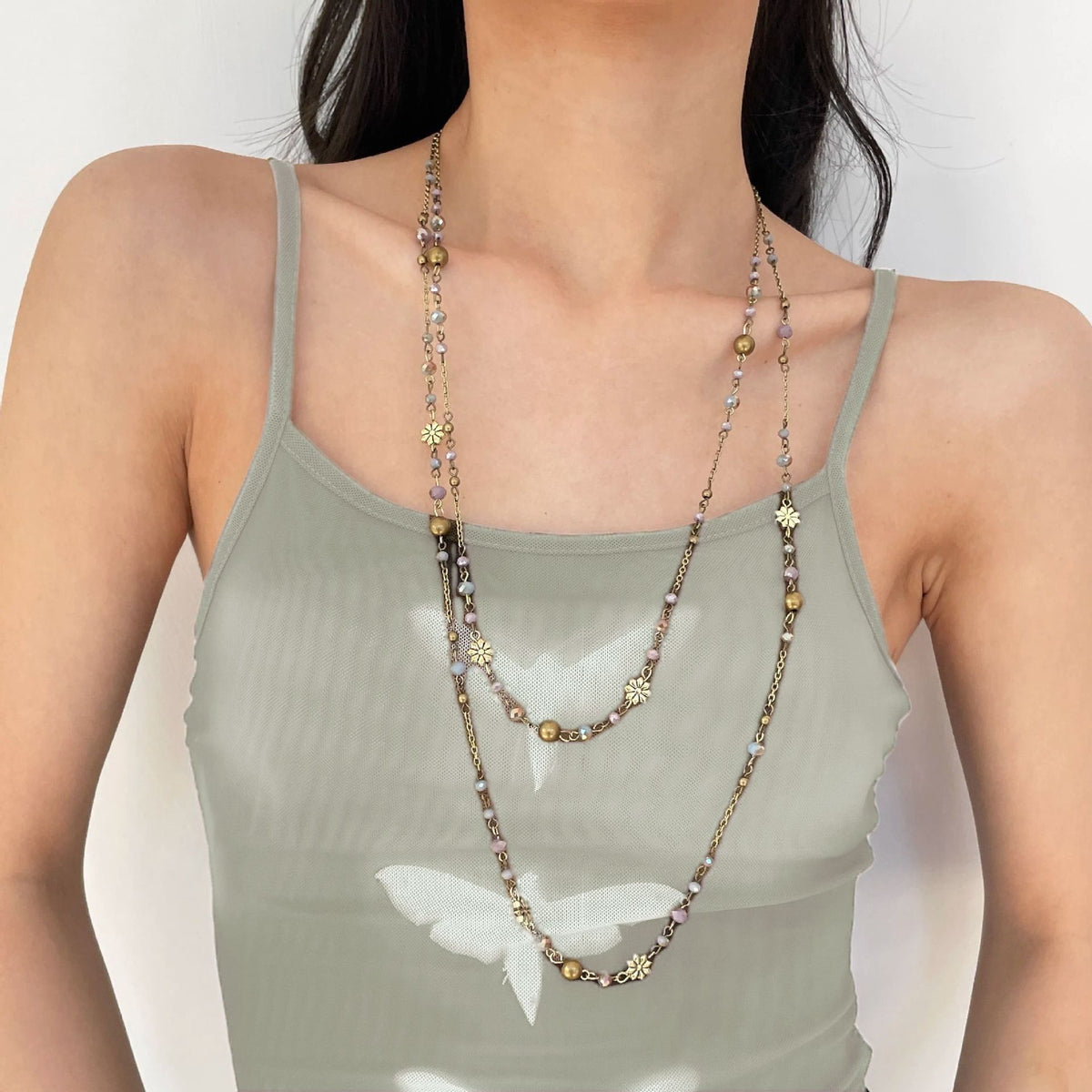 Gunmetal Grey | Vintage Distressed Y2K Beaded Long Necklace | Christmas Edgy Street Gift | Layered Grunge Clavicle Chain Spicy Girl Neck Accessory