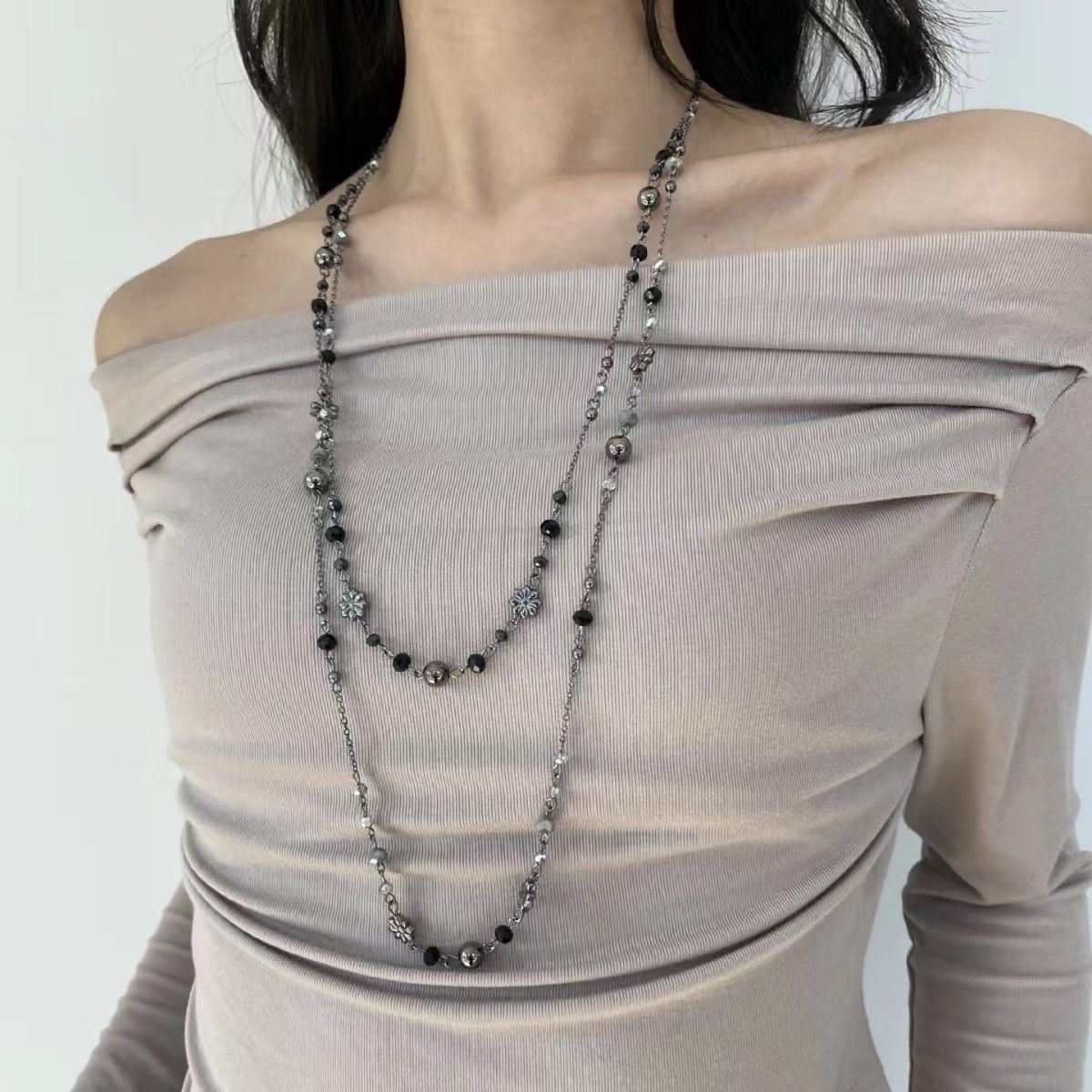 Gunmetal Grey | Vintage Distressed Y2K Beaded Long Necklace | Christmas Edgy Street Gift | Layered Grunge Clavicle Chain Spicy Girl Neck Accessory