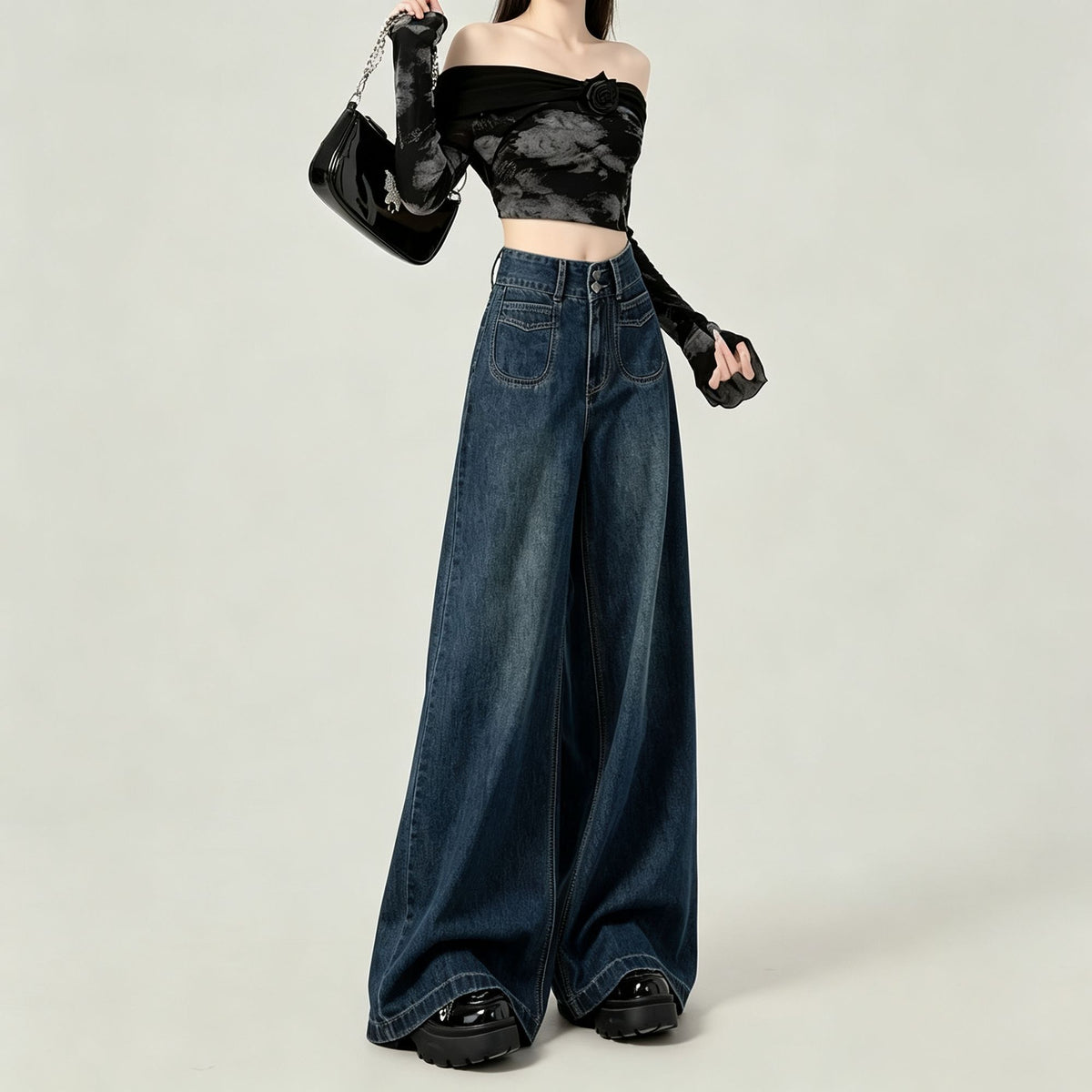 Vintage Blue Size M | Retro High Waist Straight Denim Jeans | Halloween Daily Versatile Gift | Double Button Loose Fit Wide Leg Casual Long Trousers