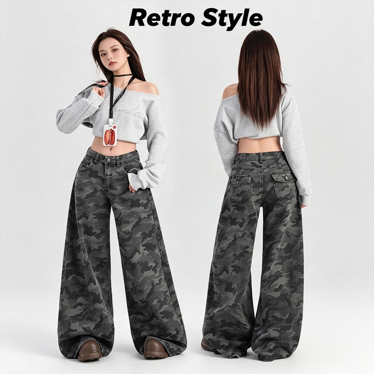 Camo Size XS | High Street Cargo Wide Leg Camo Jeans | Christmas Petite Cool Girl Gift | High Waist Draping Slim Fit Retro Casual Denim