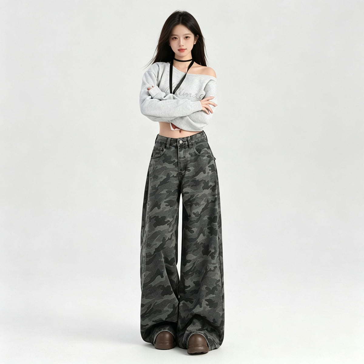 Camo Size XS | High Street Cargo Wide Leg Camo Jeans | Christmas Petite Cool Girl Gift | High Waist Draping Slim Fit Retro Casual Denim