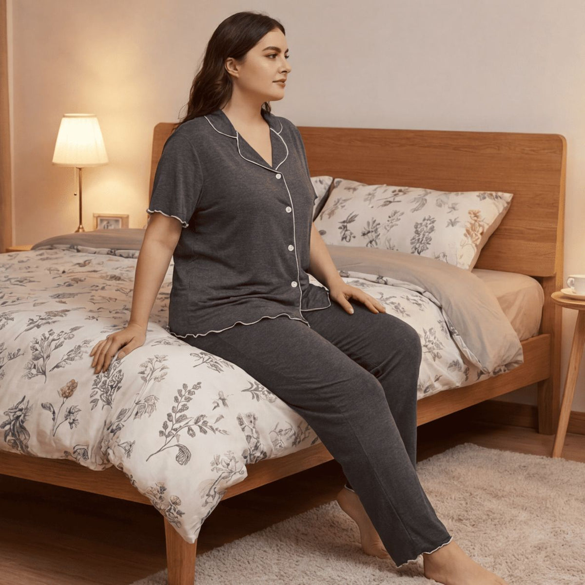Gray Size 0XL | Casual Buttoned Short Sleeve Pajamas | Christmas Versatile Home Gift | Plus Size Solid Color Loose Two-Piece Loungewear