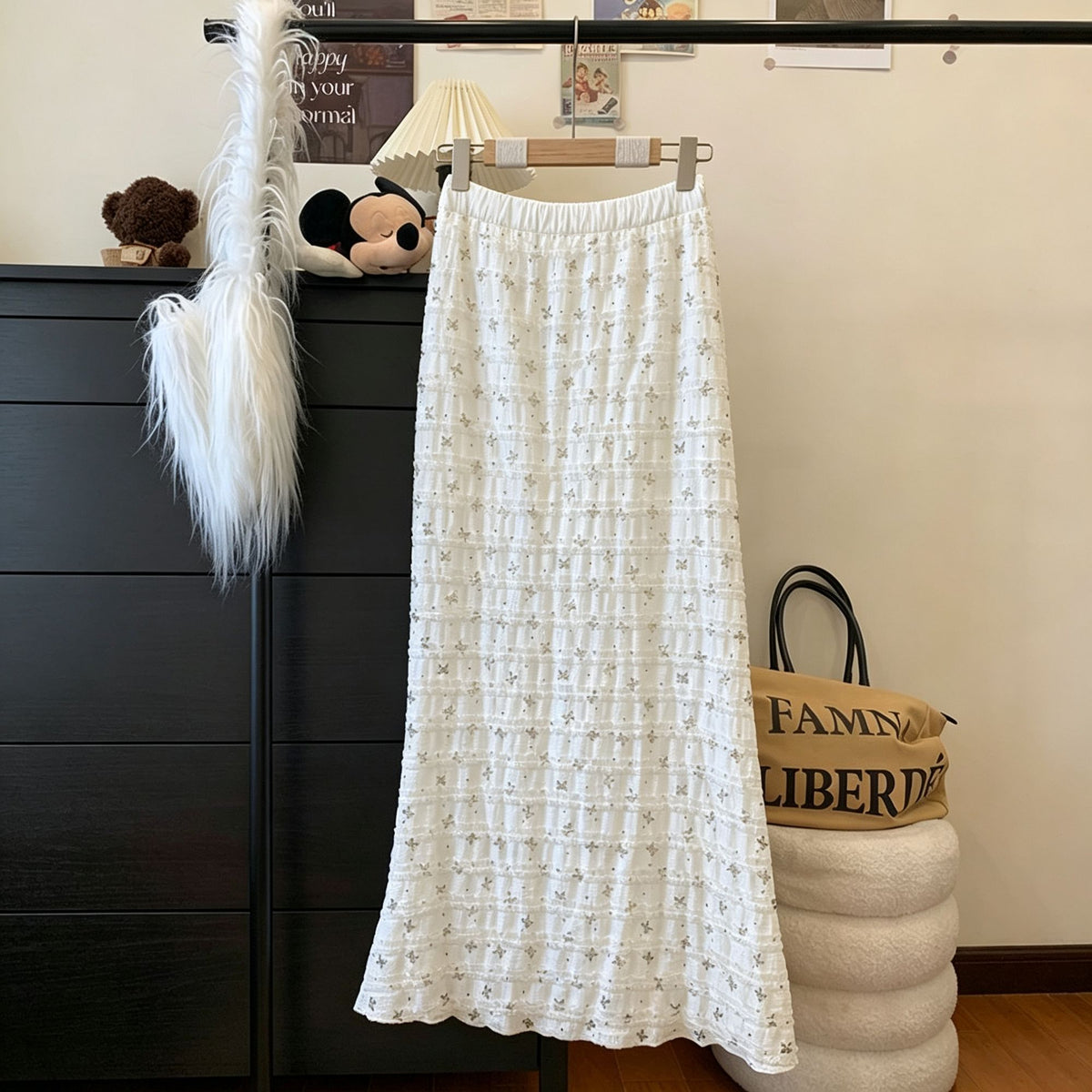 White Size L | French Style Lace Floral Mermaid Skirt | Christmas Tummy-Concealing Gift | High Waist Draped Loose Slimming Casual Skirt