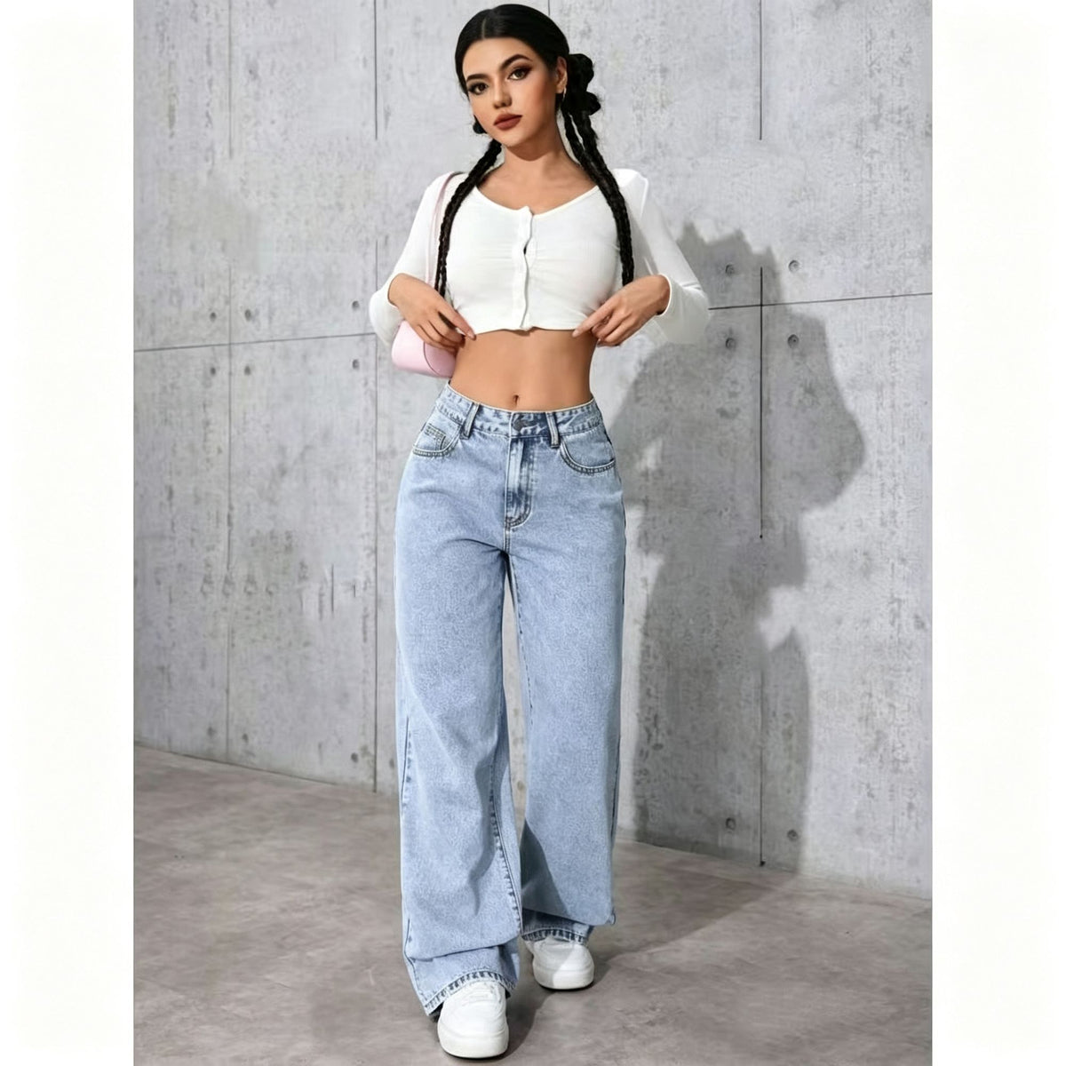 Dark Blue Size L (Recommended 55.0-62.5kg / 121.3-137.8lbs) | High Street Loose Straight Jeans | Christmas Retro Tummy Covering Gift | High Waist Figure-Flattering Denim
