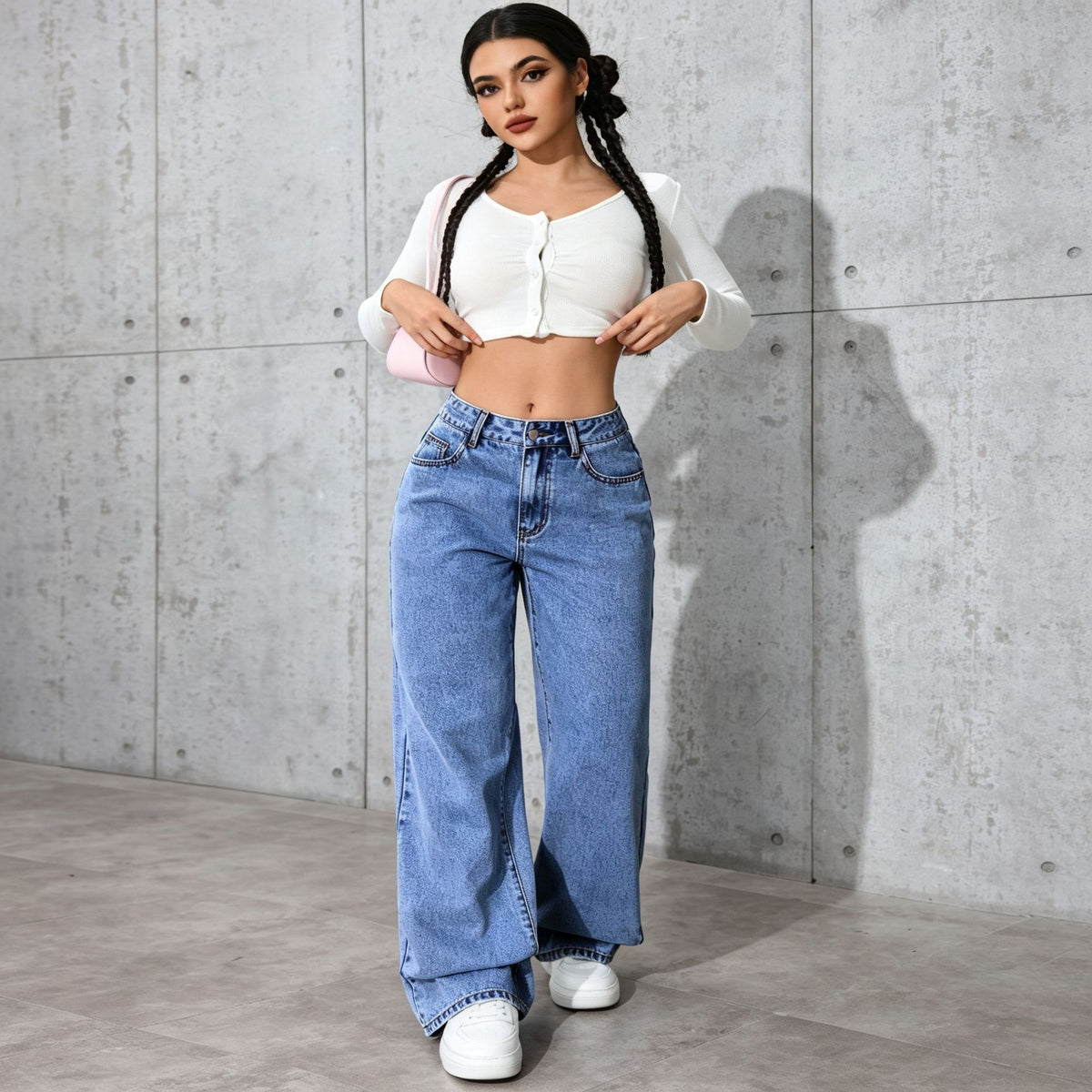 Dark Blue Size L (Recommended 55.0-62.5kg / 121.3-137.8lbs) | High Street Loose Straight Jeans | Christmas Retro Tummy Covering Gift | High Waist Figure-Flattering Denim