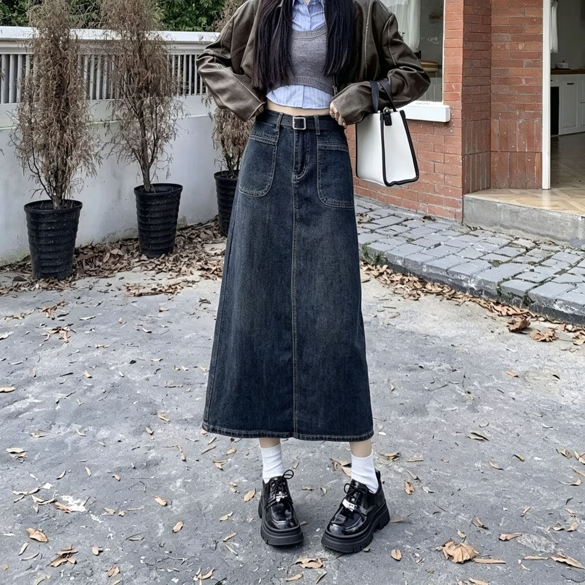 Cement Gray Size XL | Vintage Plus Size A-Line Denim Skirt | Christmas Curvy Friendly Gift | High Waist Mid-Length Figure-Flattering Skirt
