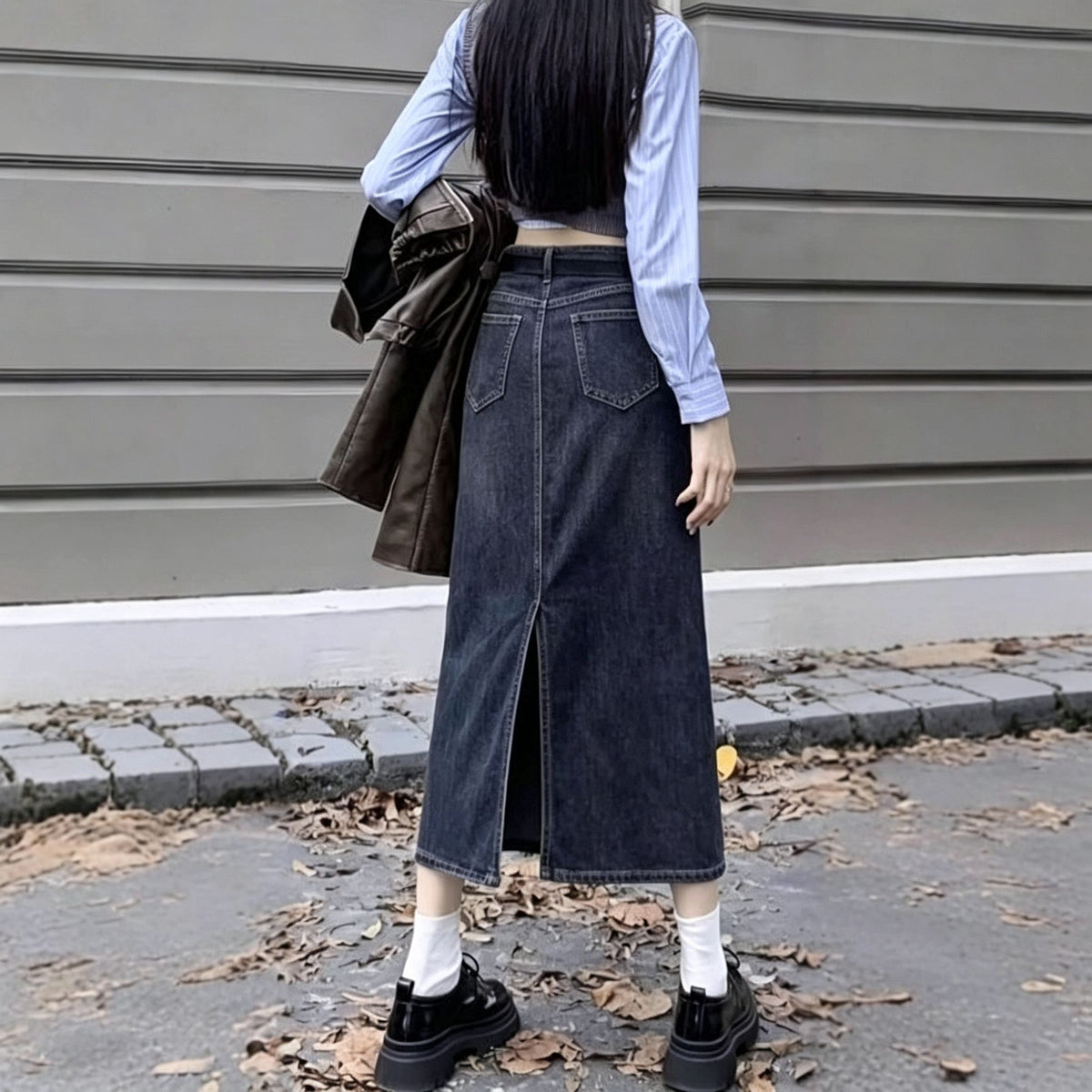 Cement Gray Size XL | Vintage Plus Size A-Line Denim Skirt | Christmas Curvy Friendly Gift | High Waist Mid-Length Figure-Flattering Skirt
