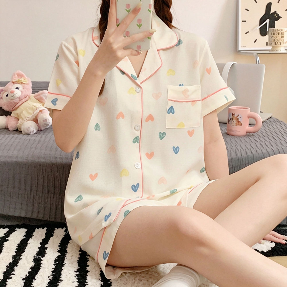 Colorful Heart Size XL | Plus Size Heart Print Pajama Set | Christmas Playful Girly Gift | Short Sleeve Shorts Loose Women's Loungewear