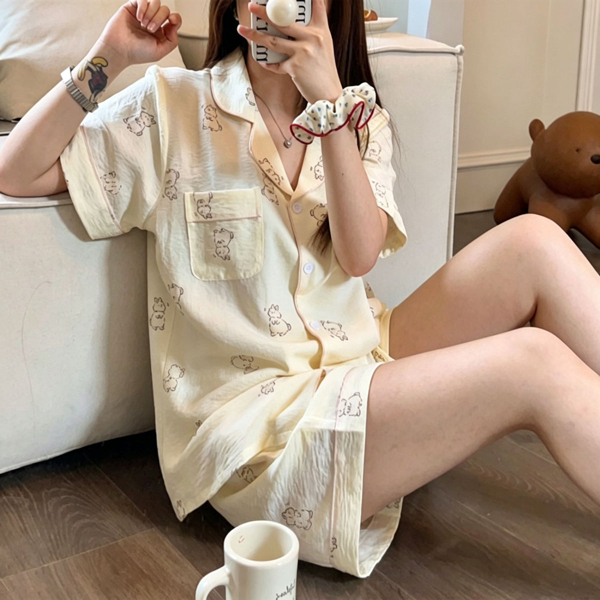 White Rabbit Short Set Size L | Bubble Crinkle Short-Sleeve Shorts Pajama Set | Christmas Milk Cute Gift | Tummy-Covering Loose Women's Homewear