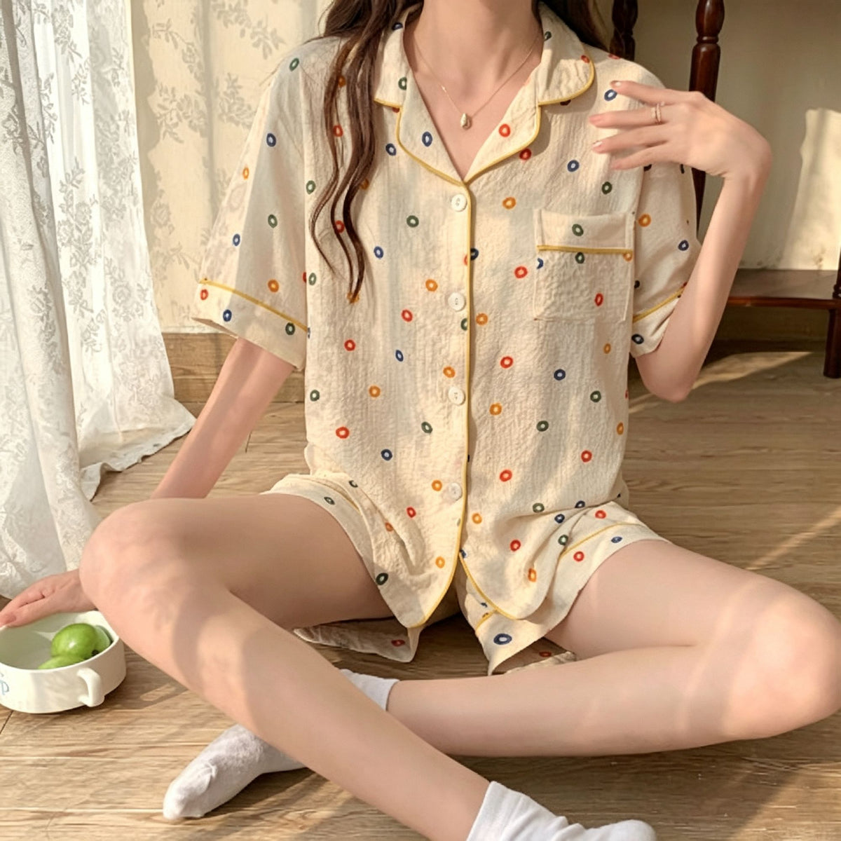Colorful Circle Short Set Size L | Bubble Crinkle Short-Sleeve Shorts Pajama Set | Christmas Playful Vibrant Gift | Tummy-Covering Loose Women's Homewear