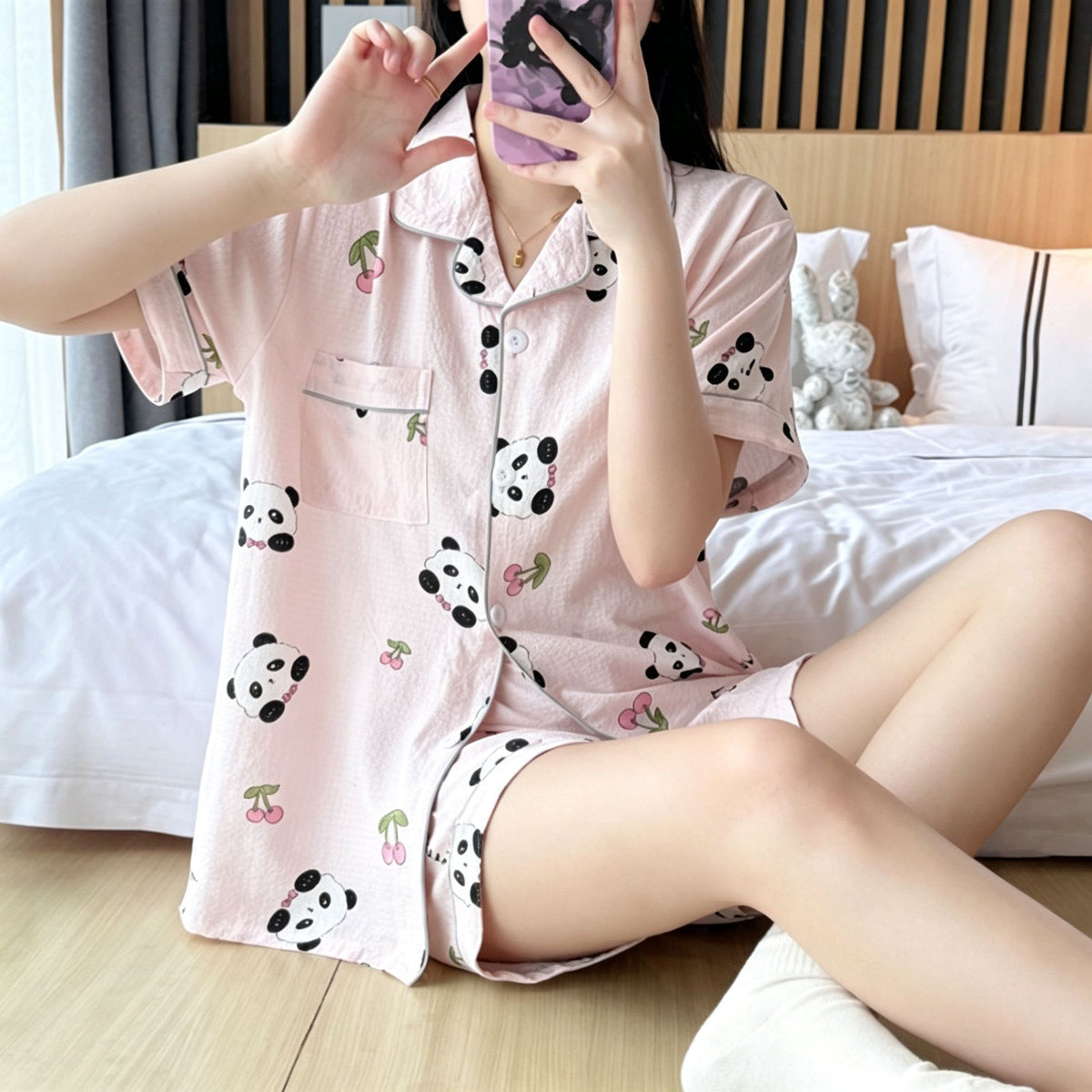 Pink Panda Size XL | Bubble Crinkle Plus Size Short Pajamas | Christmas Panda Girly Gift | Plus Size Friendly Loose Women's Loungewear
