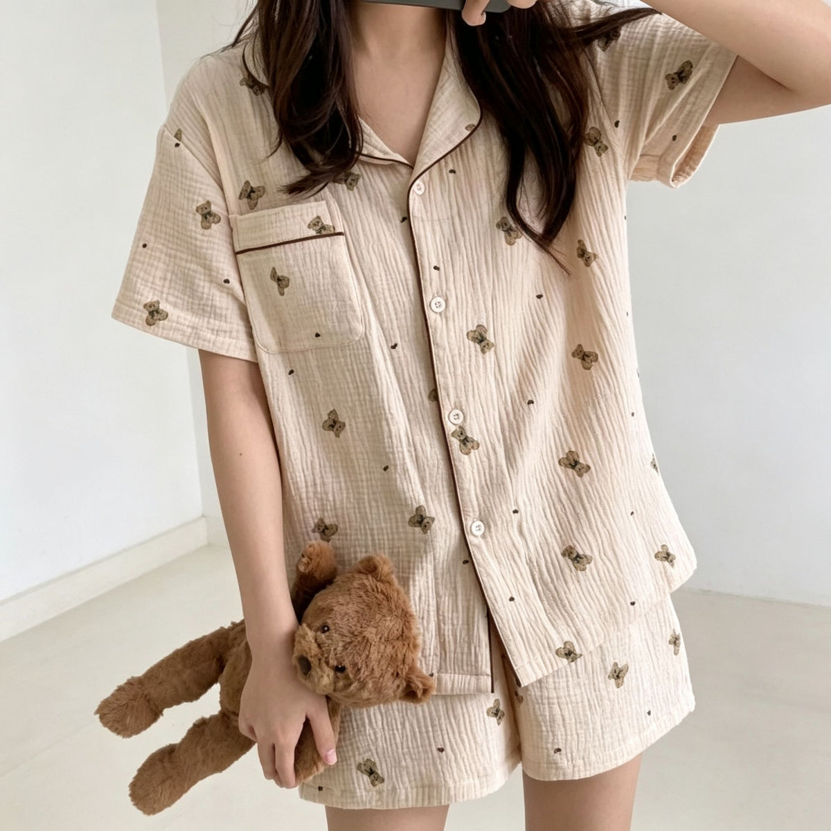 Black Dot Bear Size L | Bubble Crinkle Short-Sleeve Shorts Pajama Set | Christmas Dot Bear Cool Gift | Tummy-Covering Casual Loose Women's Homewear