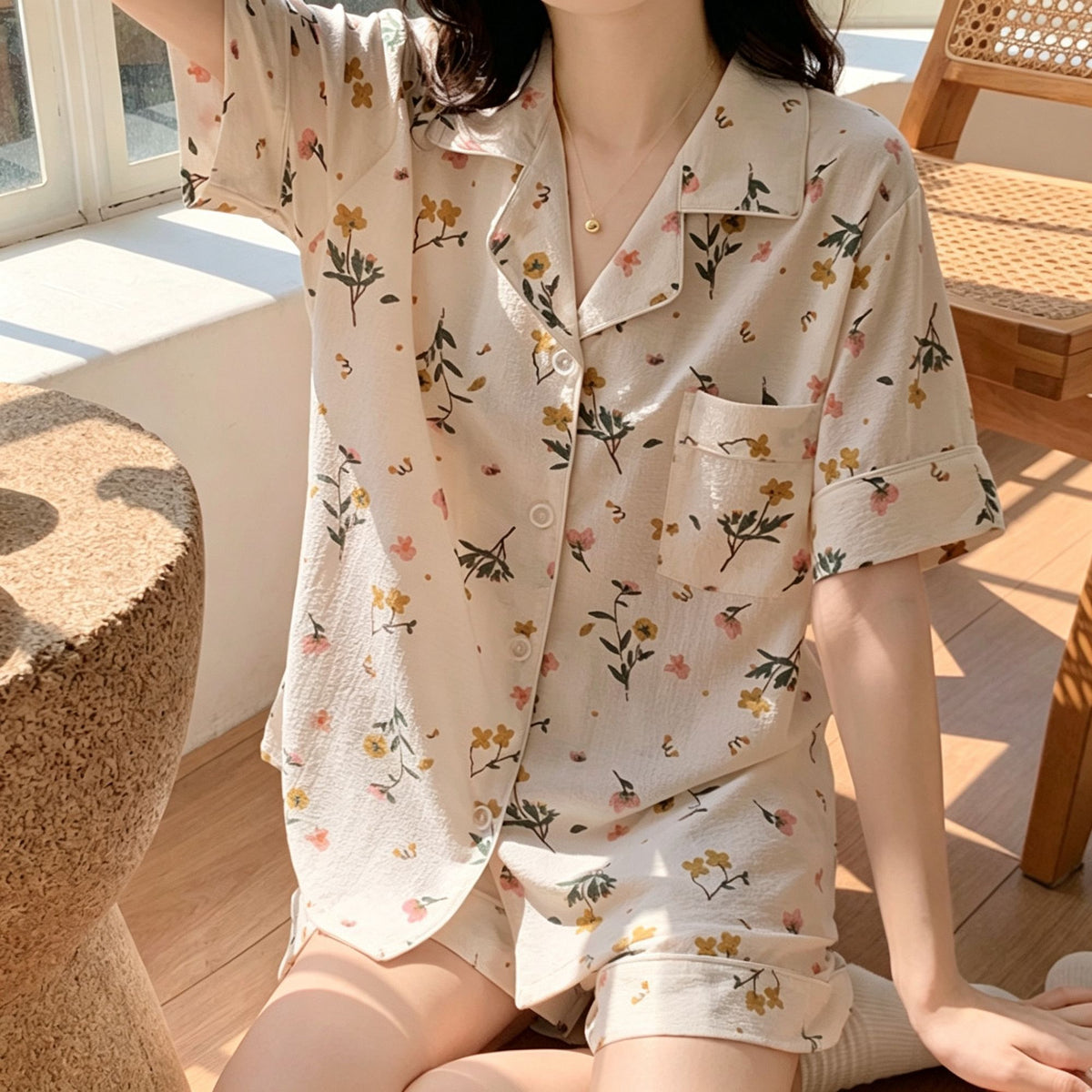 Yellow Floral Size XL | Bubble Crinkle Plus Size Short Pajamas | Christmas Warm Floral Gift | Plus Size Friendly Loose Women's Loungewear