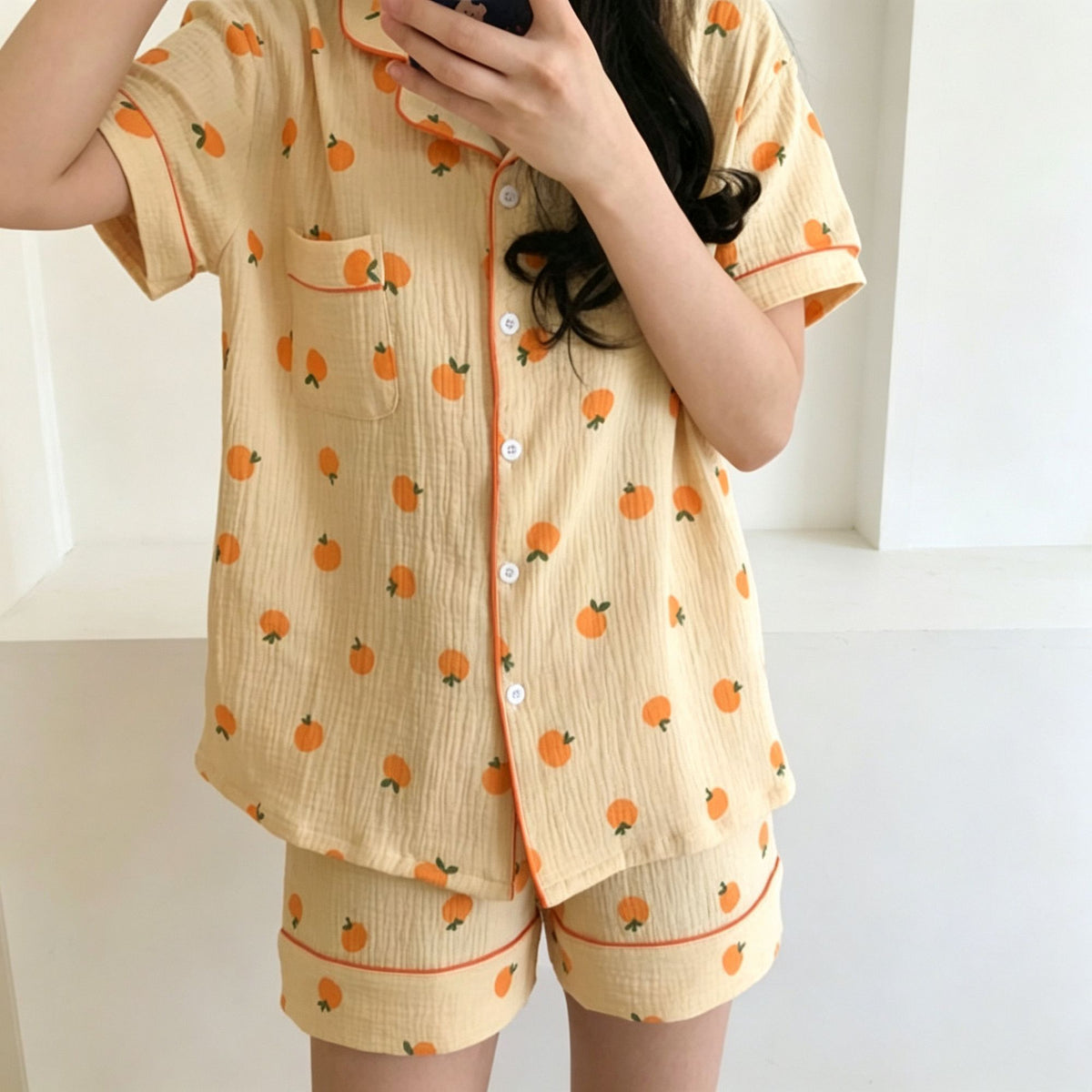 Orange Fruit Size XL | Bubble Crinkle Plus Size Short Pajamas | Christmas Fresh Vibrant Gift | Plus Size Friendly Loose Women's Loungewear