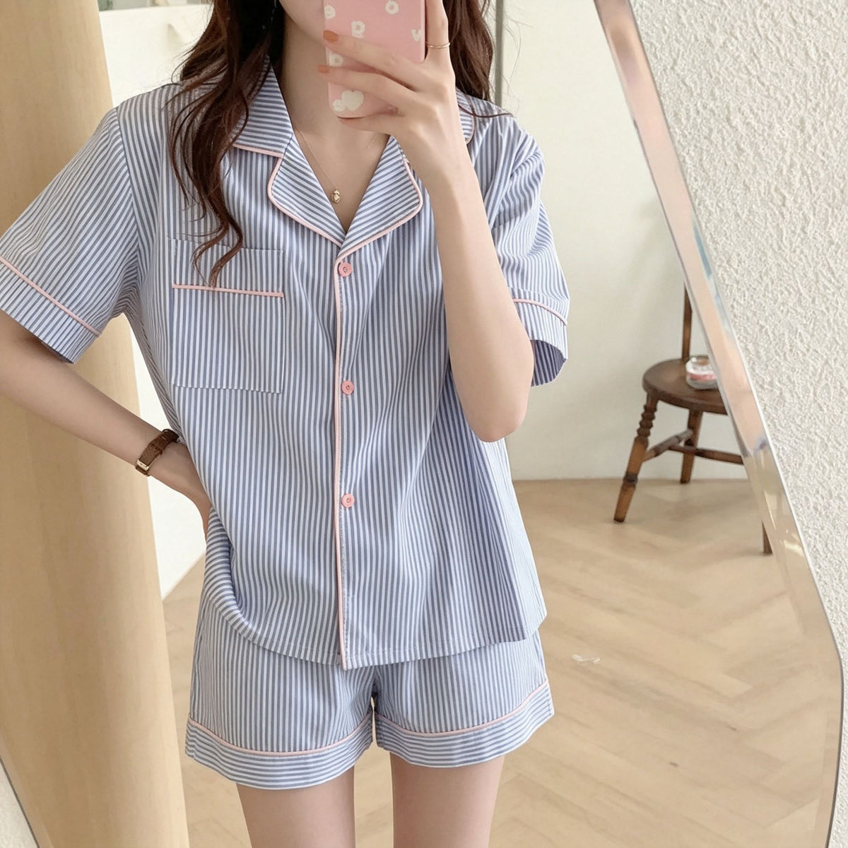 Blue Stripe Pink Trim Size XL | Bubble Crinkle Plus Size Short Pajamas | Christmas Contrast Chic Gift | Plus Size Friendly Loose Women's Loungewear