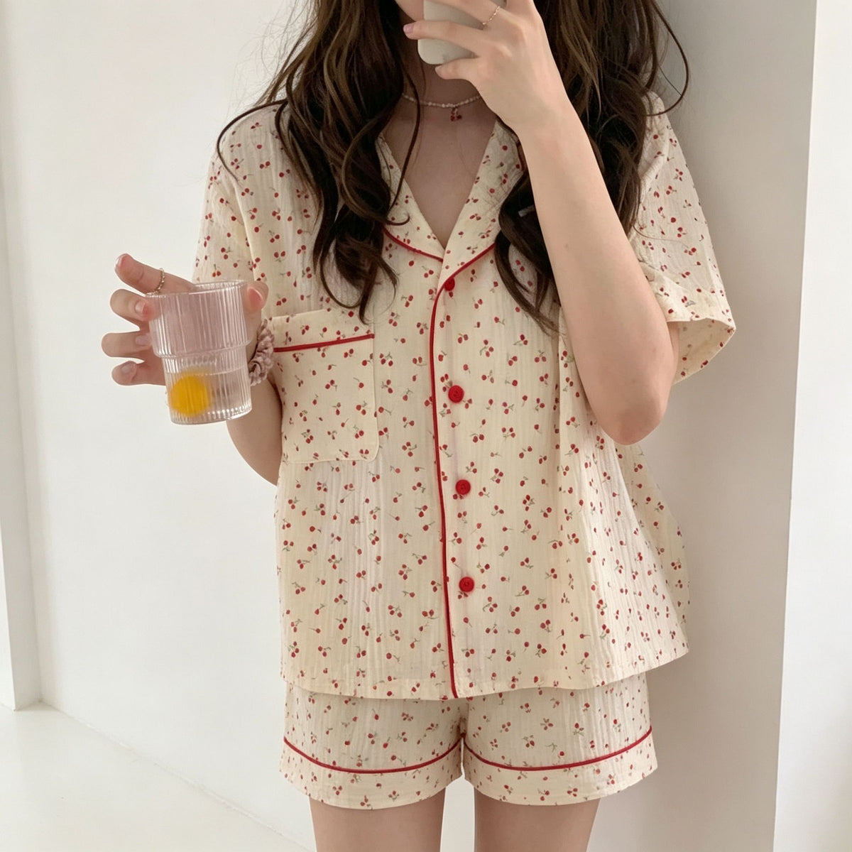 Apricot Base Cherry Size L | Bubble Crinkle Short-Sleeve Shorts Pajama Set | Christmas Sweet Cherry Gift | Tummy-Covering Gentle Loose Women's Homewear