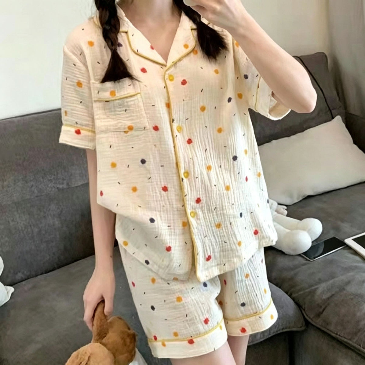 Yellow Star Size XL | Bubble Crinkle Plus Size Short Pajamas | Christmas Starry Girly Gift | Plus Size Friendly Loose Women's Loungewear
