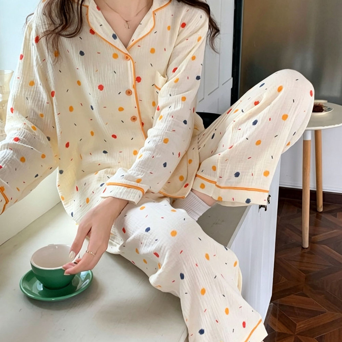 Colorful Print Crinkle Size L | Crinkled Fabric Long Sleeve Pants Pajama Set | Christmas Artistic Print Gift | Tummy-Covering Creative Loose Women's Homewear