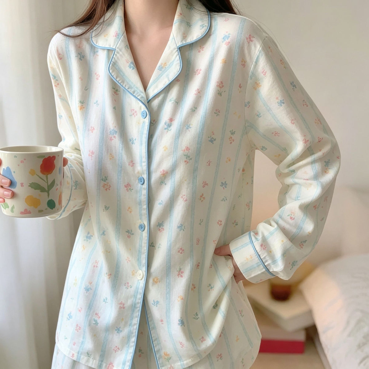 Blue Stripe Bear Crinkle Size L | Crinkled Fabric Long Sleeve Pants Pajama Set | Christmas Blue Bear Gift | Tummy-Covering Cute Loose Women's Homewear