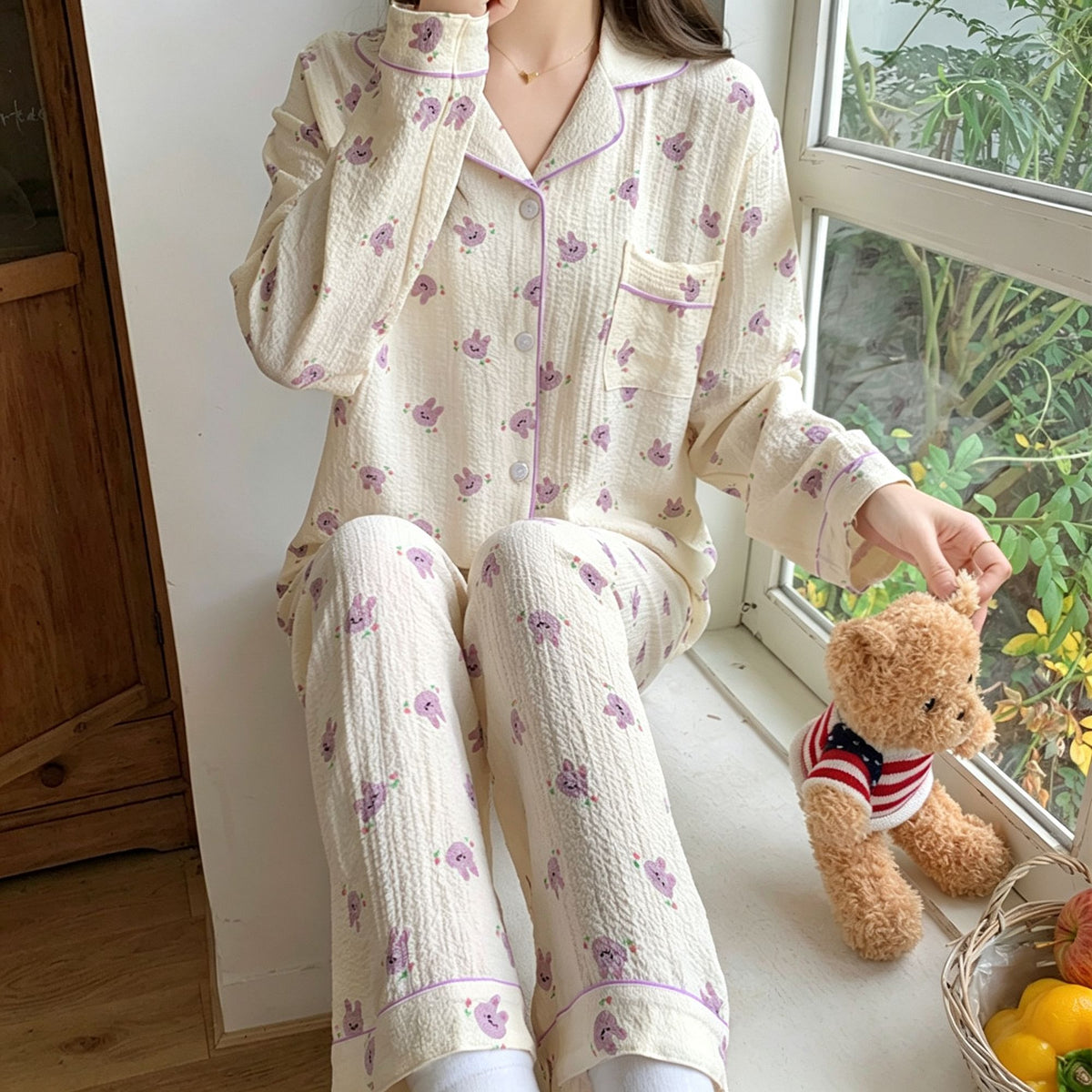 Purple Bunny Crinkle Size L | Crinkled Fabric Long Sleeve Pants Pajama Set | Christmas Purple Bunny Gift | Tummy-Covering Dreamy Loose Women's Homewear