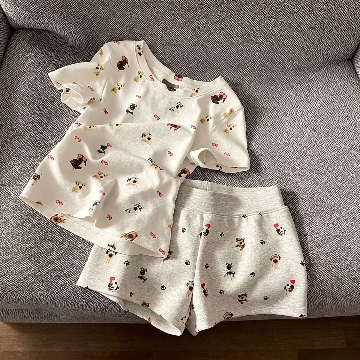 Allover Puppy Print Set Size L | Full Print Short Sleeve Pajamas | Halloween Fun Cute Gift | Adorable Casual Homewear Set for Daily Wear