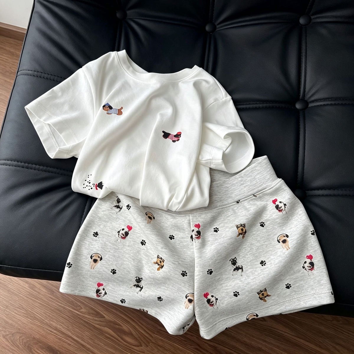 Allover Puppy Print Set Size L | Full Print Short Sleeve Pajamas | Halloween Fun Cute Gift | Adorable Casual Homewear Set for Daily Wear