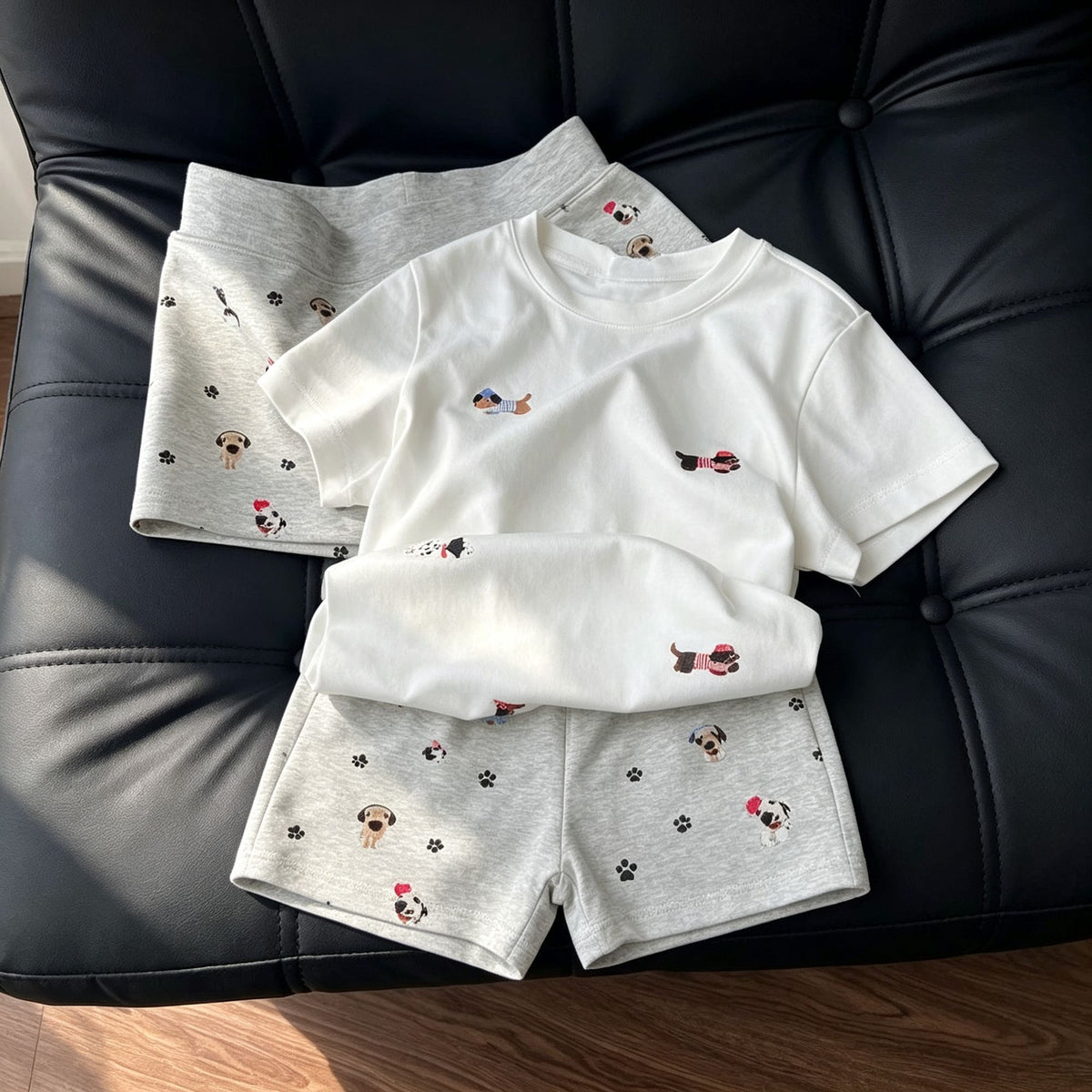 Allover Puppy Print Set Size L | Full Print Short Sleeve Pajamas | Halloween Fun Cute Gift | Adorable Casual Homewear Set for Daily Wear