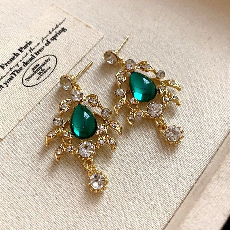 Gold Silver Needle Earrings with Green Stone | Christmas Botanical Vintage Gift | Green Floral Rhinestone Heart Earrings Retro Luxury