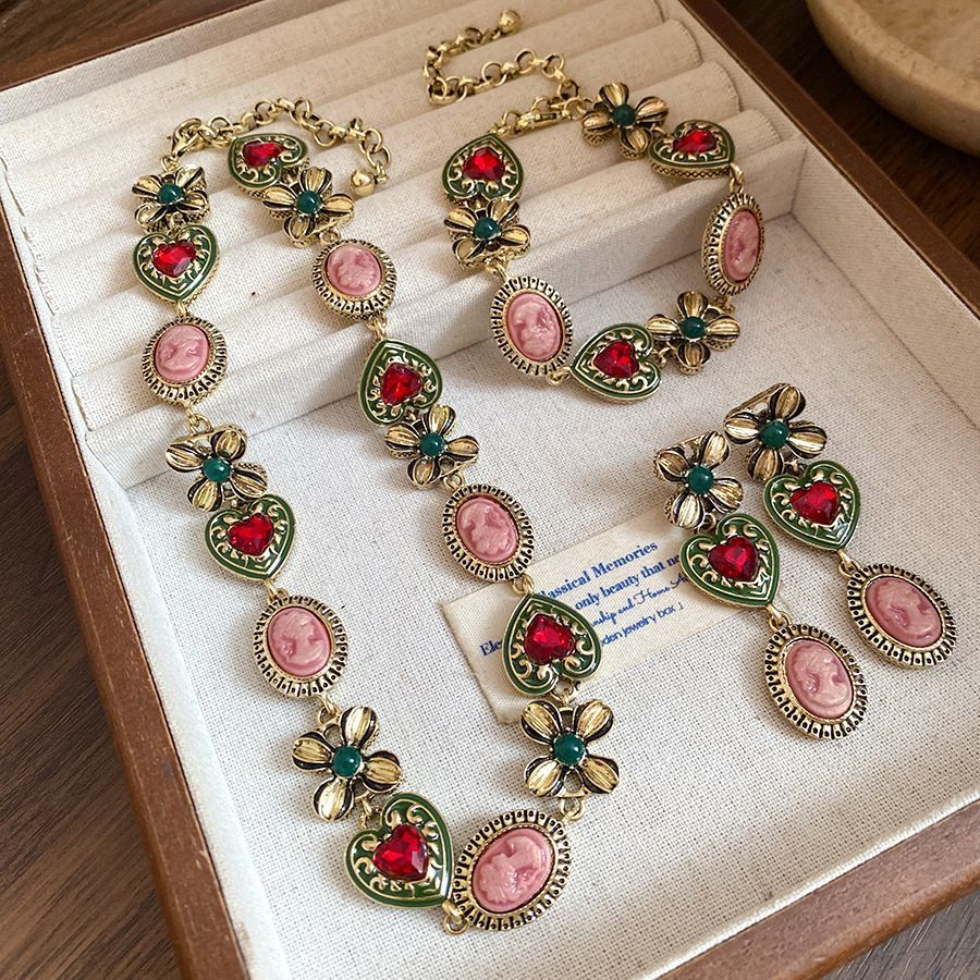 Gold Silver Needle Earrings with Red Stone | Christmas Passion Retro Gift | Red Rhinestone Heart Earrings Vintage Bold Jewelry