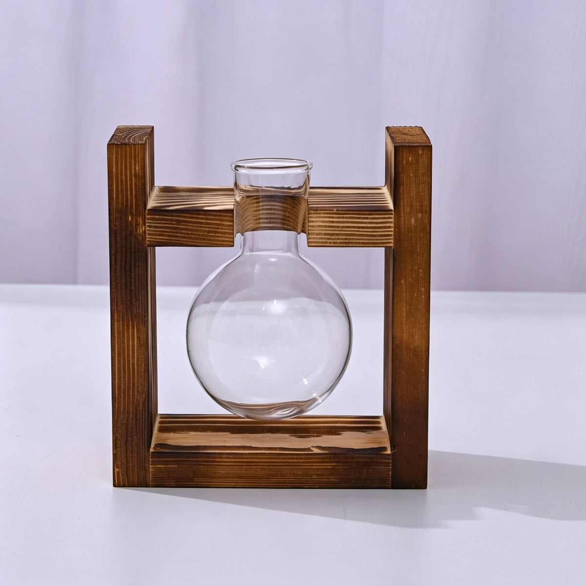 Single Round Glass Vase with Snap-Fit Wooden Stand | Christmas Mini Greenery Gift | Compact Hydroponic Plant Container Desktop Ornament for Home Office