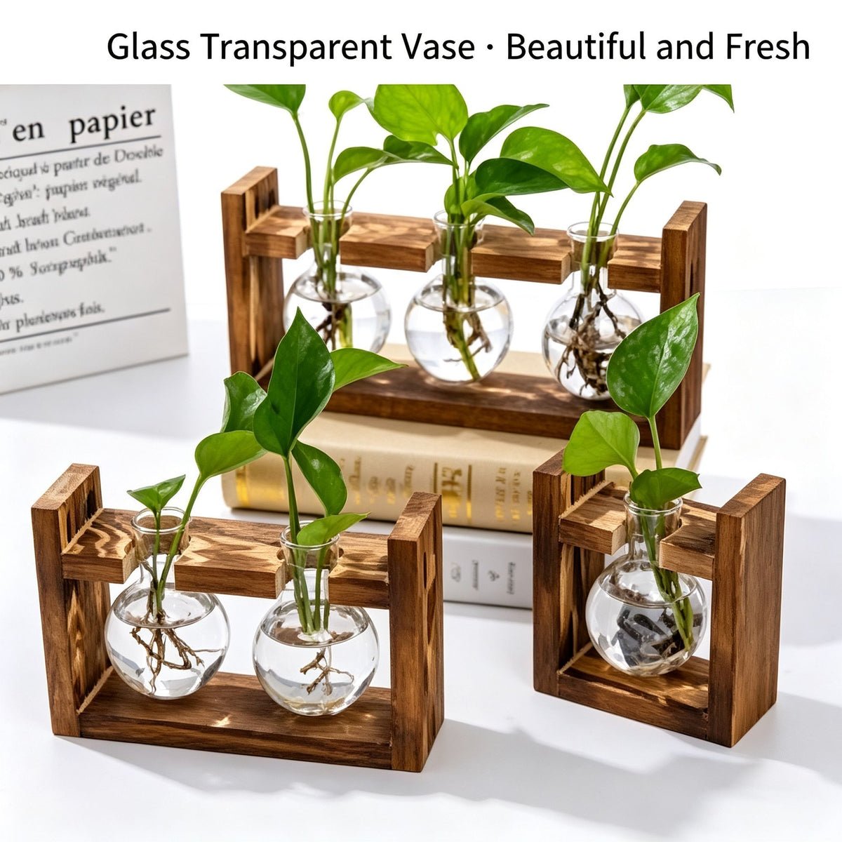 Single Round Glass Vase with Snap-Fit Wooden Stand | Christmas Mini Greenery Gift | Compact Hydroponic Plant Container Desktop Ornament for Home Office