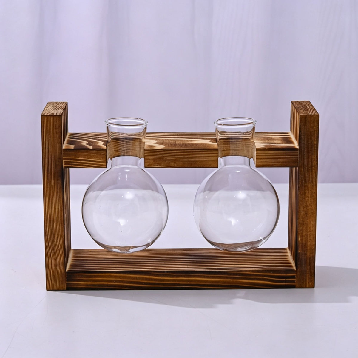 Double Round Glass Vases with Snap-Fit Wooden Stand | Halloween Symmetric Decor Gift | Paired Hydroponic Planter Balanced Desktop Greenery Display