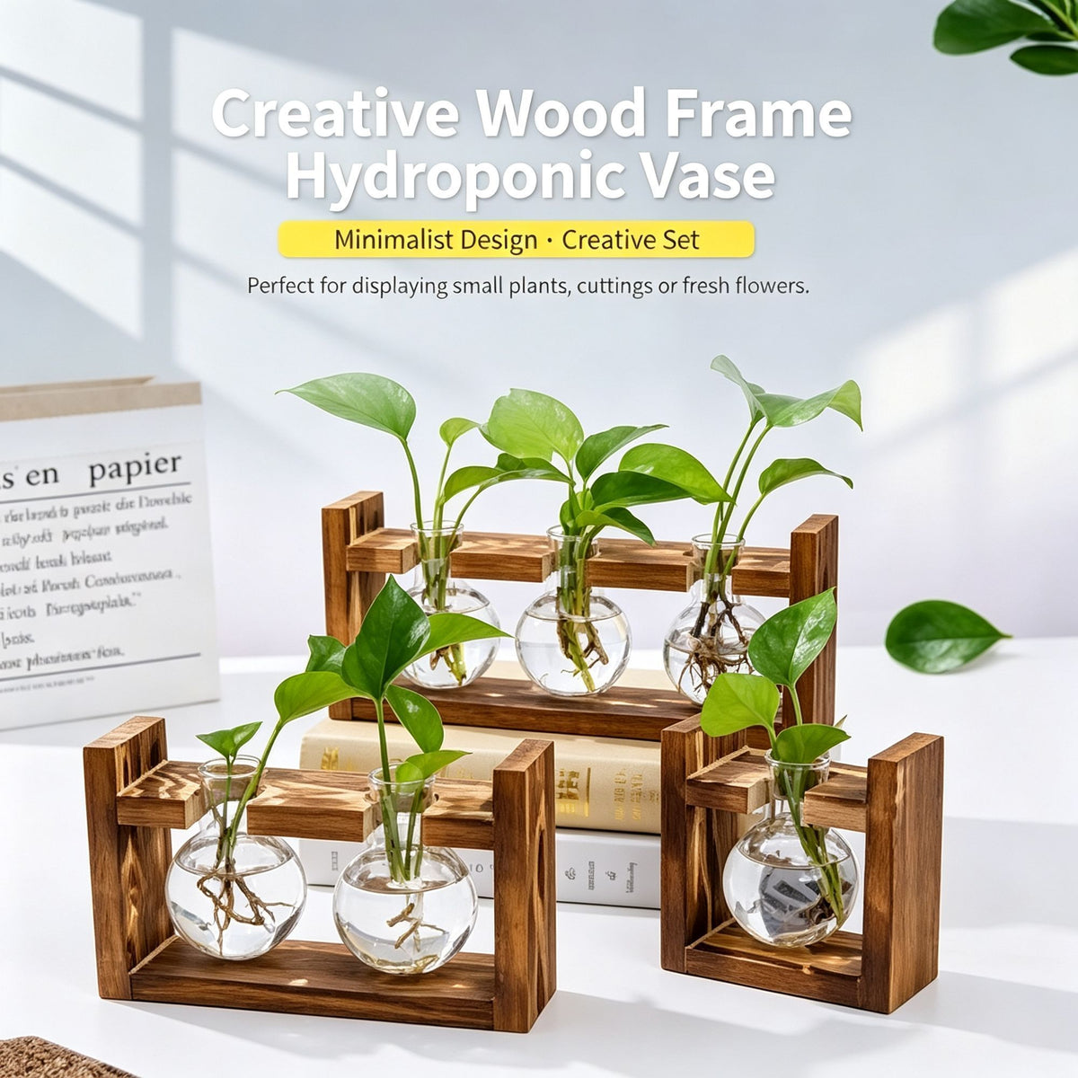 Double Round Glass Vases with Snap-Fit Wooden Stand | Halloween Symmetric Decor Gift | Paired Hydroponic Planter Balanced Desktop Greenery Display