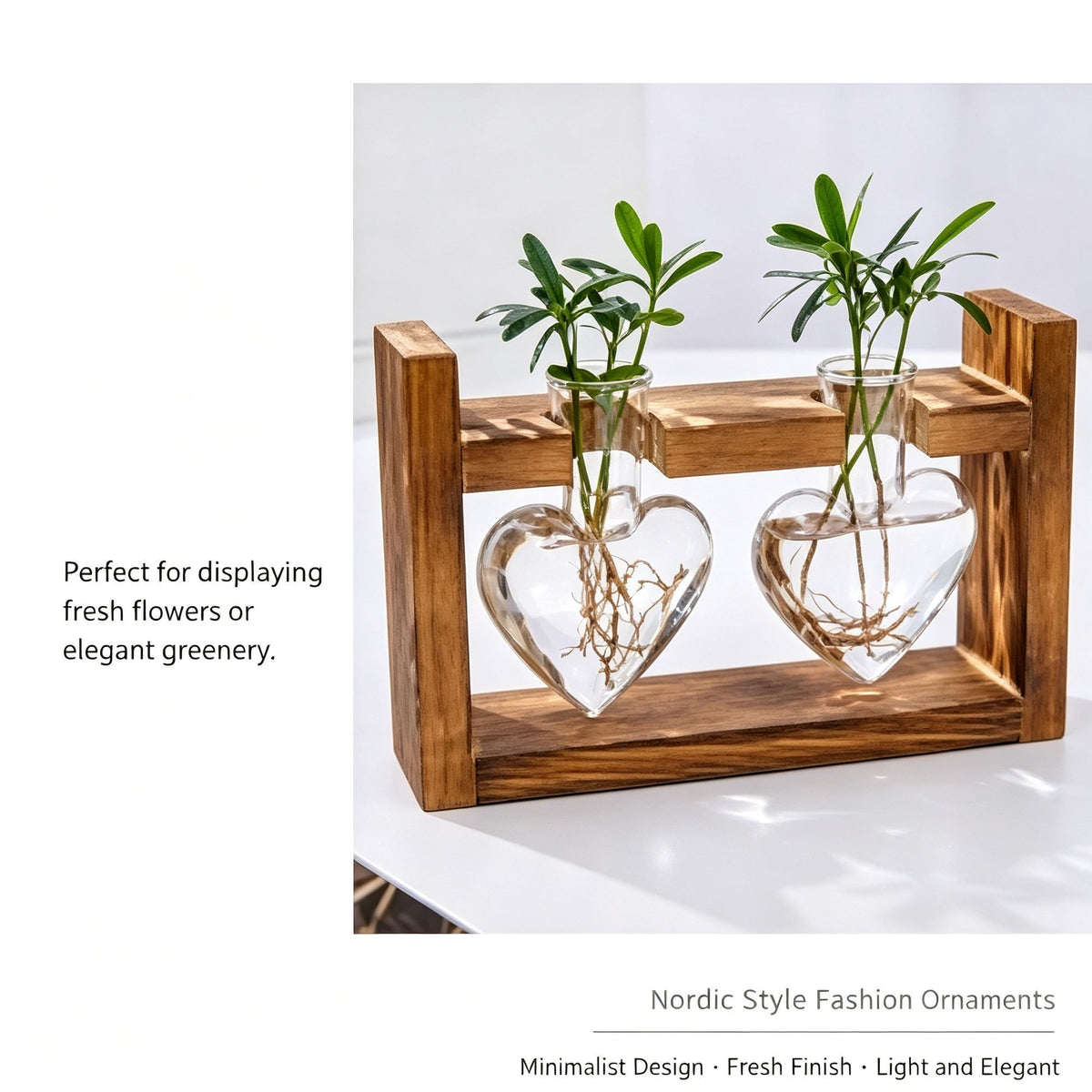 Double Round Glass Vases with Snap-Fit Wooden Stand | Halloween Symmetric Decor Gift | Paired Hydroponic Planter Balanced Desktop Greenery Display