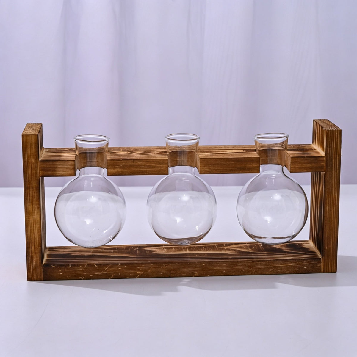 Triple Round Glass Vases with Snap-Fit Wooden Stand | Christmas Lush Layered Gift | 3-Piece Hydroponic Glass Planter Set Desktop Plant Display