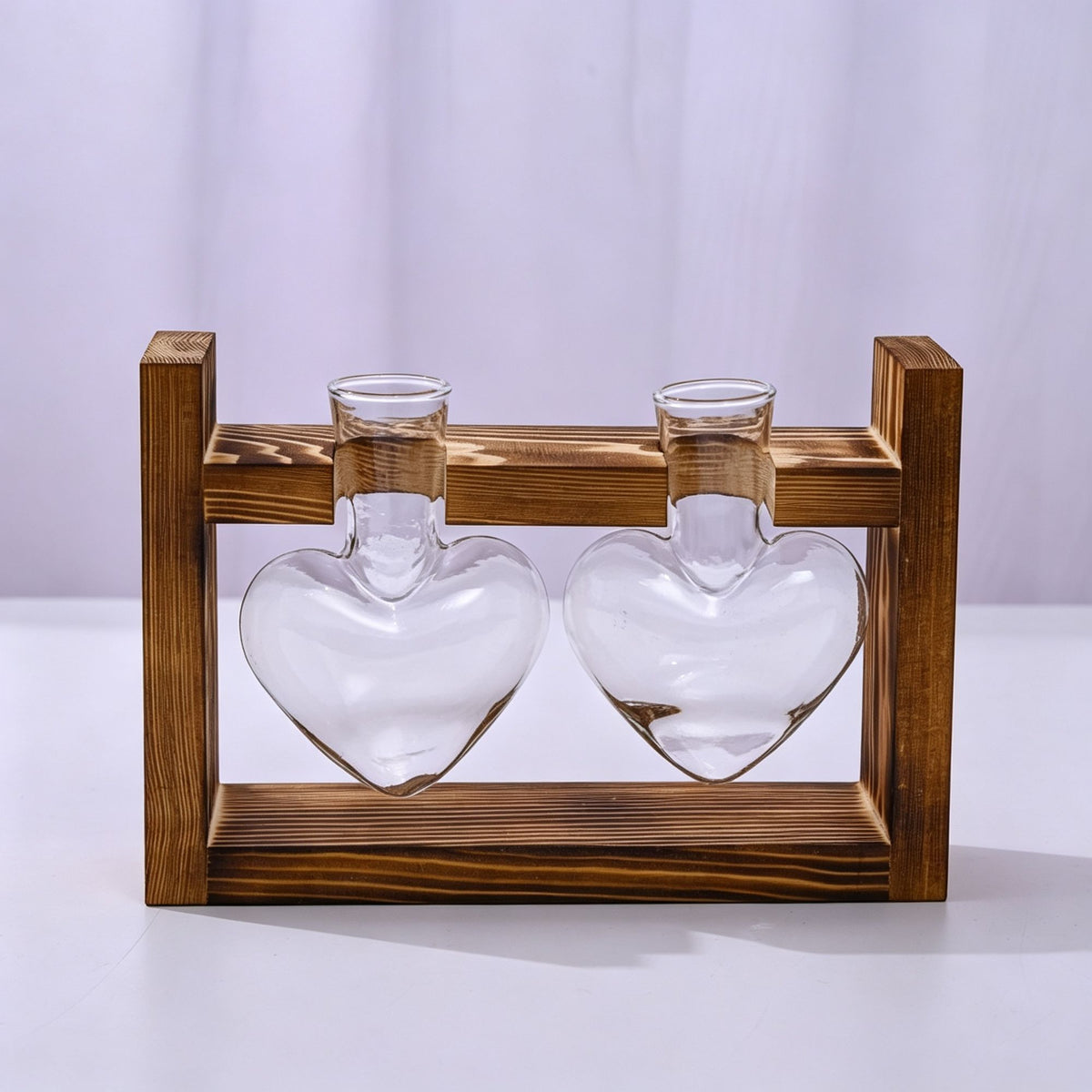 Double Heart Shaped Glass Vases with Snap-Fit Wooden Stand | Halloween Sweet Pair Gift | Paired Heart Hydroponic Planter Lovely Desktop Decor