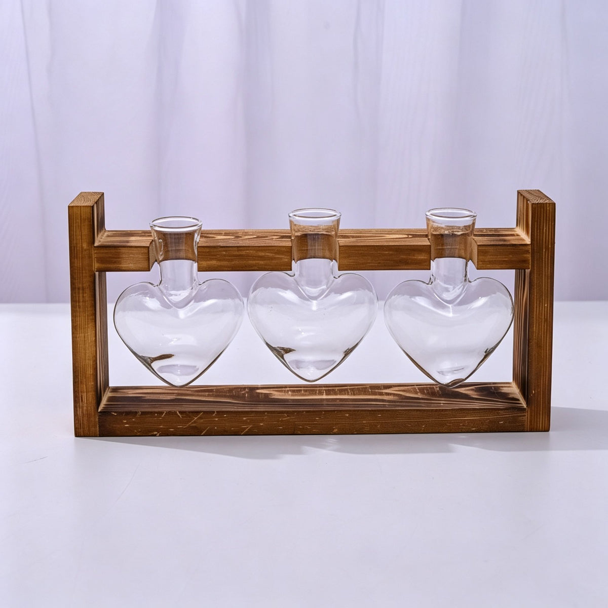 Triple Heart Shaped Glass Vases with Snap-Fit Wooden Stand | Christmas Warm Cozy Gift | 3-Piece Heart Glass Hydroponic Set Cozy Desktop Display