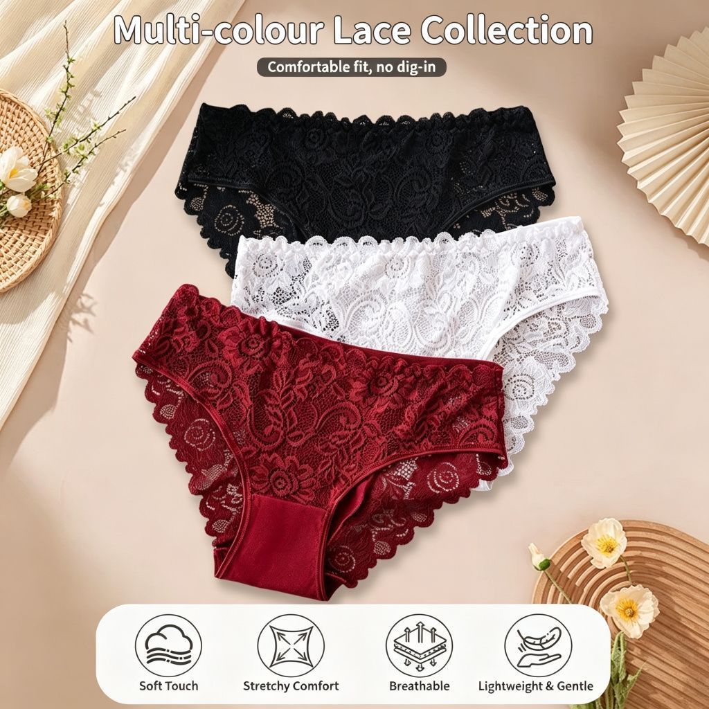 Navy Blue Hollow Out Lace Panties 4 Pack Size XL | Halloween Classy Plus Gift | Cotton Gusset Stretchy Comfort Plus Size Briefs