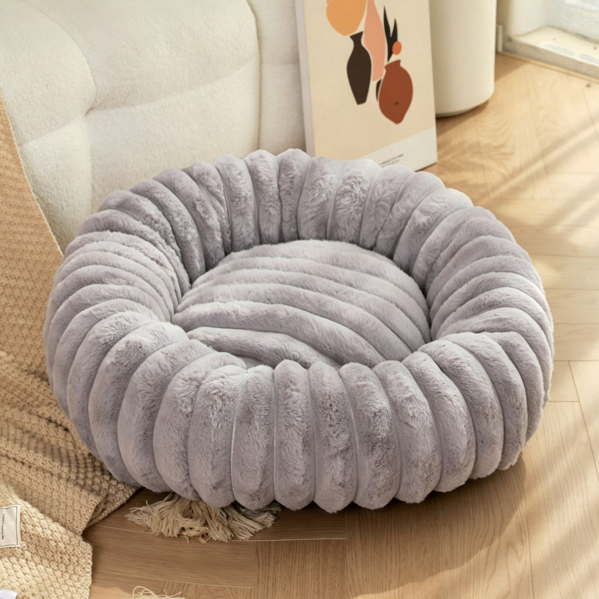 High‑Grade Rabbit Fleece Grey 50cm Round Pet Bed | Christmas Practical Pet Gift | High‑Density Long Plush Cat Nest Puppy Sleeping Cushion