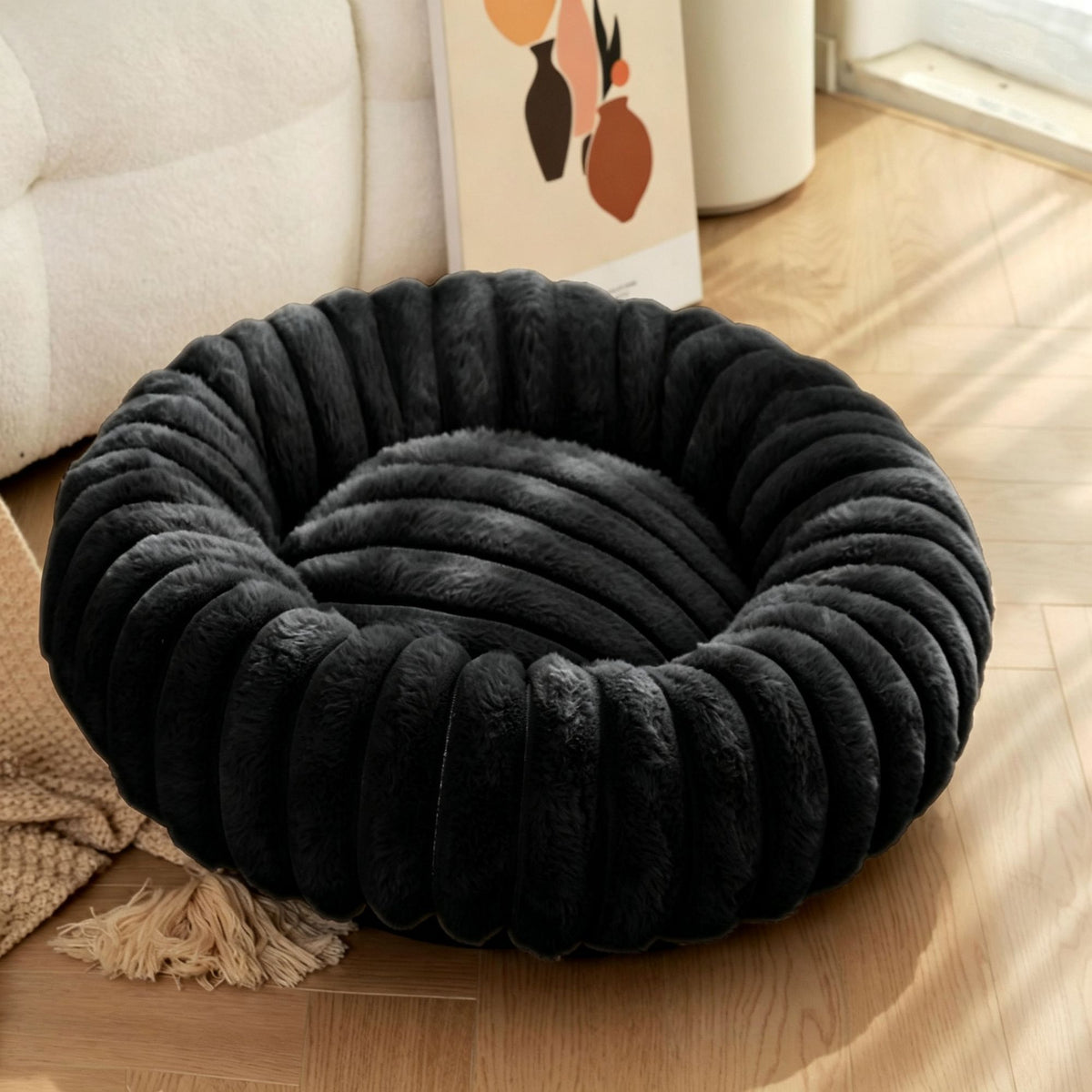 High‑Grade Rabbit Fleece Black 50cm Round Pet Bed | Christmas Simple Pet Gift | High‑Density Long Plush Cat Nest Puppy Sleeping Cushion