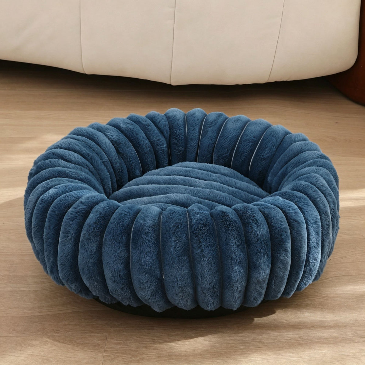 High‑Grade Rabbit Fleece Navy Blue 80cm Round Pet Bed | Halloween Steady Cozy Gift | High‑Density Long Plush Indoor Pet Sleeping Cushion