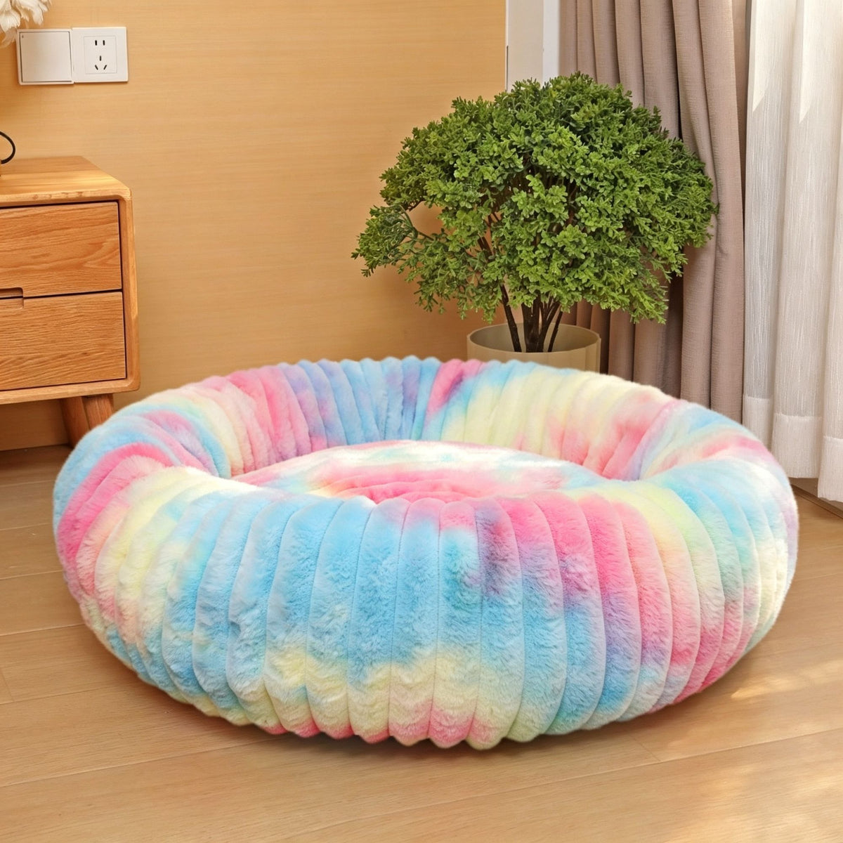 High‑Grade Rabbit Fleece Multicolor 90cm Round Pet Bed | Christmas Stylish Unique Pet Gift | High‑Density Long Plush Round Dog Bed Cat Nest