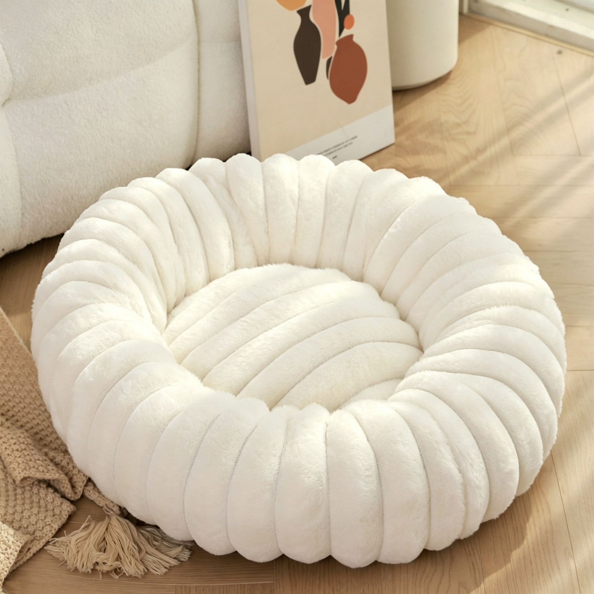 High‑Grade Rabbit Fleece White 50cm Round Pet Bed | Christmas Elegant Pet Gift | High‑Density Long Plush Cat Nest Puppy Sleeping Cushion