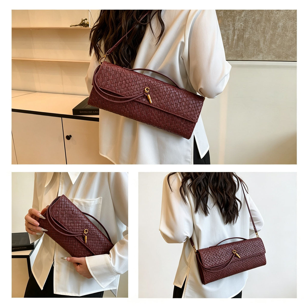 Woven Women Bag French Stick Bag Evening Organ Bag, Fashion Clutch Shoulder Crossbody Bag, Halloween Party Gift, Wine Red