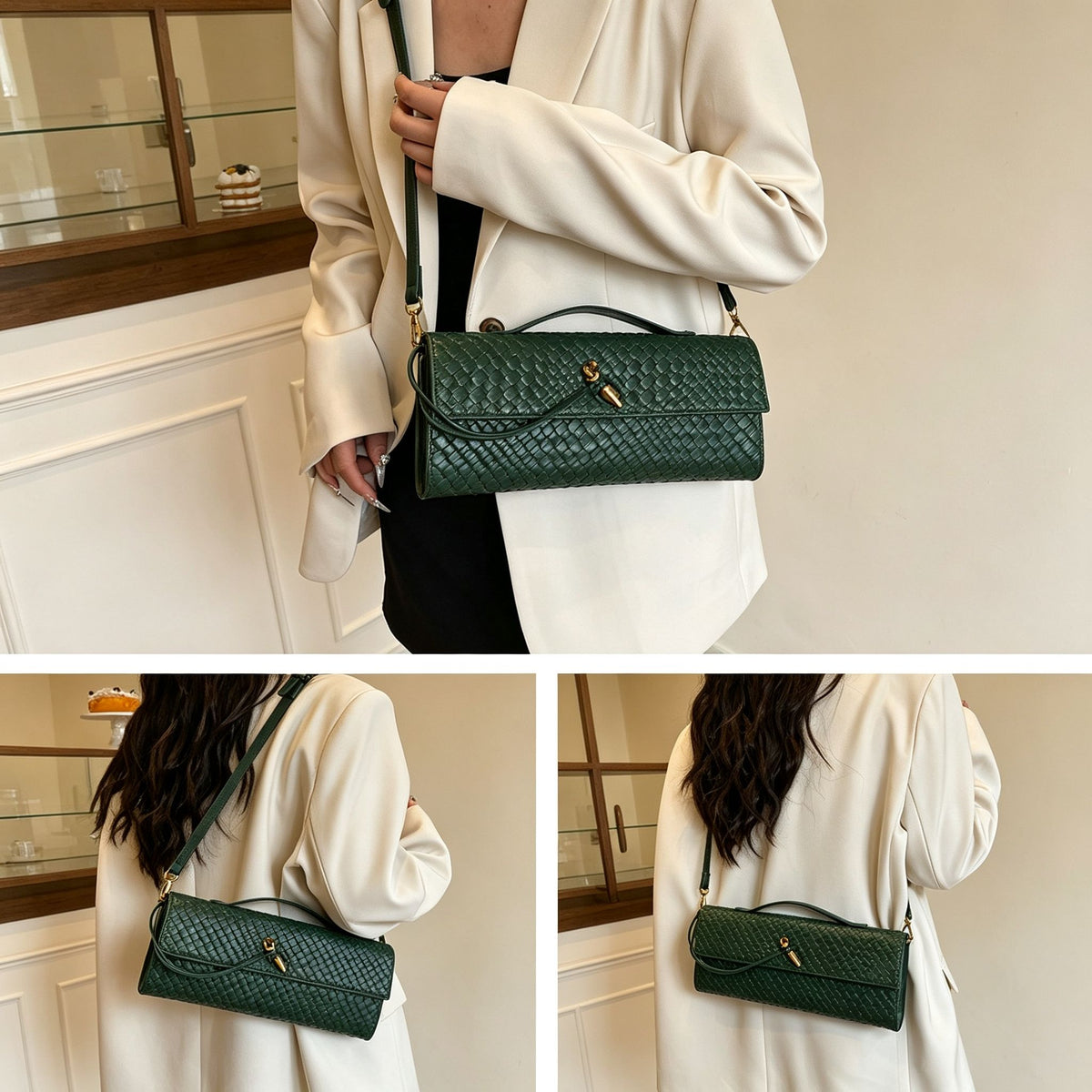 Woven Women Bag French Stick Bag Evening Organ Bag, Fashion Clutch Shoulder Crossbody Bag, Holiday Daily Use, Green