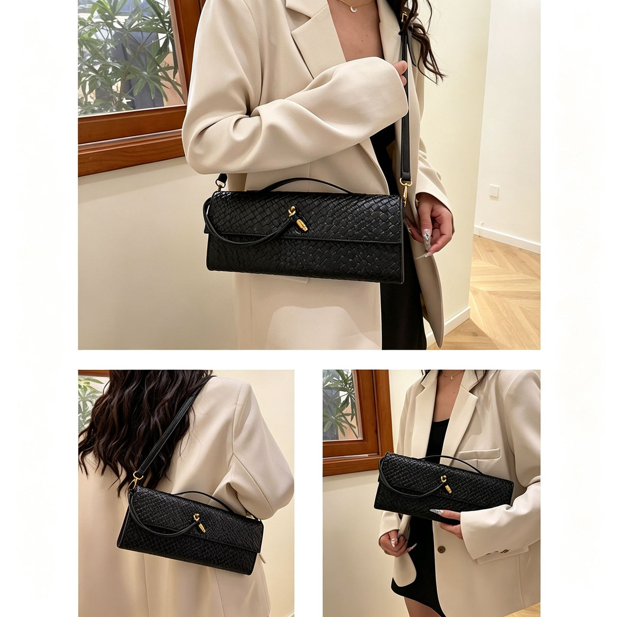 Woven Women Bag French Stick Bag Evening Organ Bag, Fashion Clutch Shoulder Crossbody Bag, Halloween Travel Accessory, Black