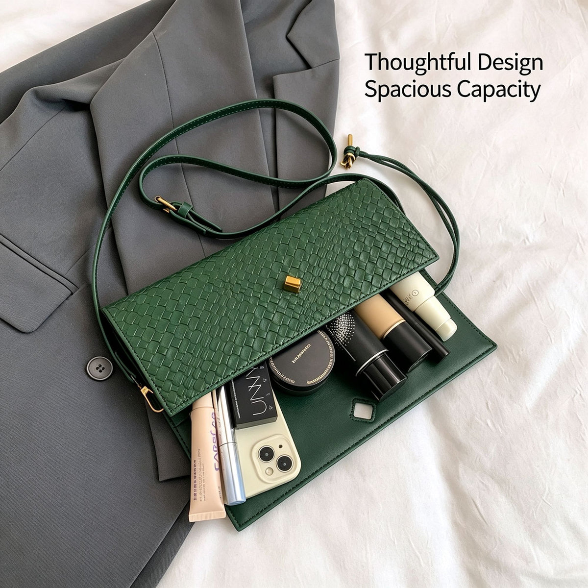 Woven Women Bag French Stick Bag Evening Organ Bag, Fashion Clutch Shoulder Crossbody Bag, Christmas Evening Party, Silver