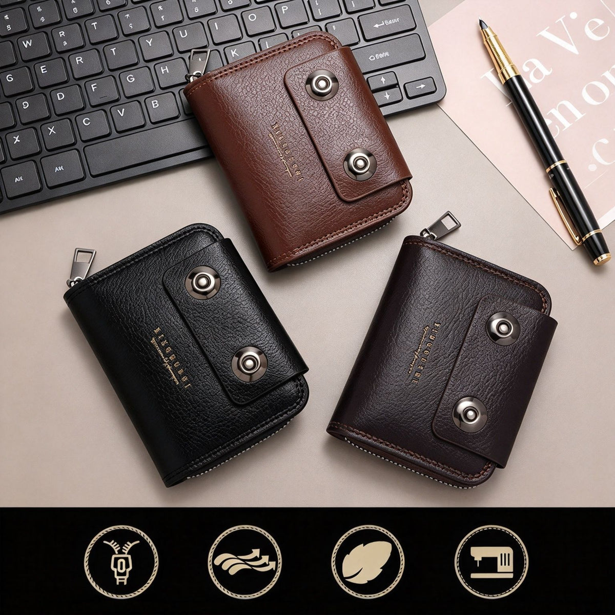 Business Men Accordion Card Holder With Double Magnetic Buckle, Minimalist Retro ID Card Wallet Coin Pocket, Christmas Office Worker Gift, K94‑51 Black