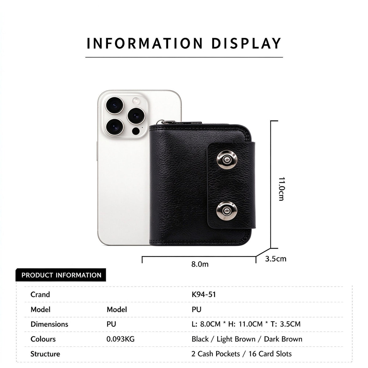 Business Men Accordion Card Holder With Double Magnetic Buckle, Minimalist Retro ID Card Wallet Coin Pocket, Christmas Office Worker Gift, K94‑51 Black