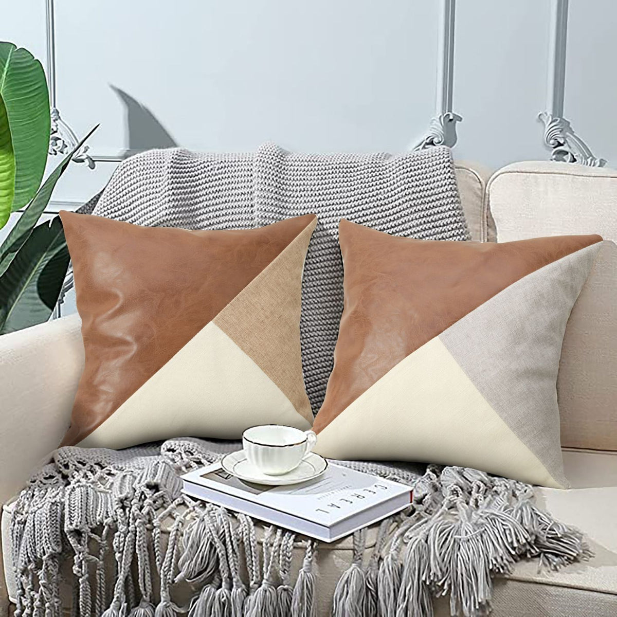Linen Grey Mixed Leather Splicing Pillow Covers 4Pcs 45x45cm Sofa Car Cushion Shell Halloween Christmas Home Decor Accessory
